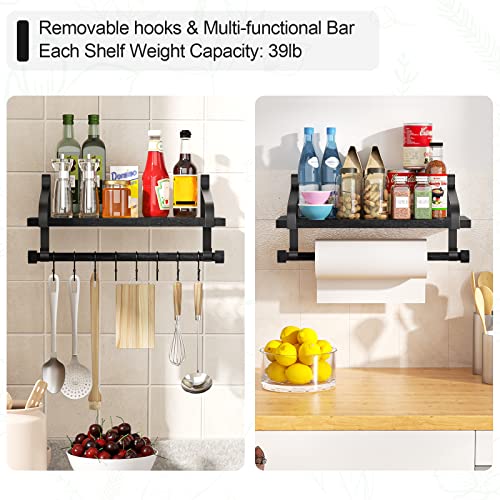 Love-KANKEI Floating Shelves for Coffee Bar,Bathroom Shelves with Towel Bar, Wall Shelves with 8 Hooks for Kitchen, Storage Shelf Set of 2 for Bedroom,Living Room,17.3 Inch Black