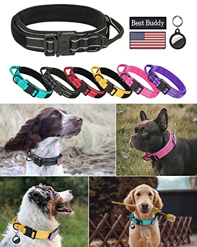 AUBELL Tactical Dog Collar and Leash Set, Adjustable Military Nylon Reflective Dog Leash and Collar with Handle and Heavy Metal Buckle for Medium Large Dogs, with Airtag Case and 2 Patches(Yellow, L)