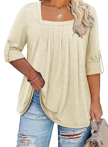 Siddhe Womens Clothes Plus Size 3/4 Sleeve Tops for Women Plus Size Tunic Tops to Wear with Leggings Work Blouses for Women Square Neck Work Shirts Navy Blue XL