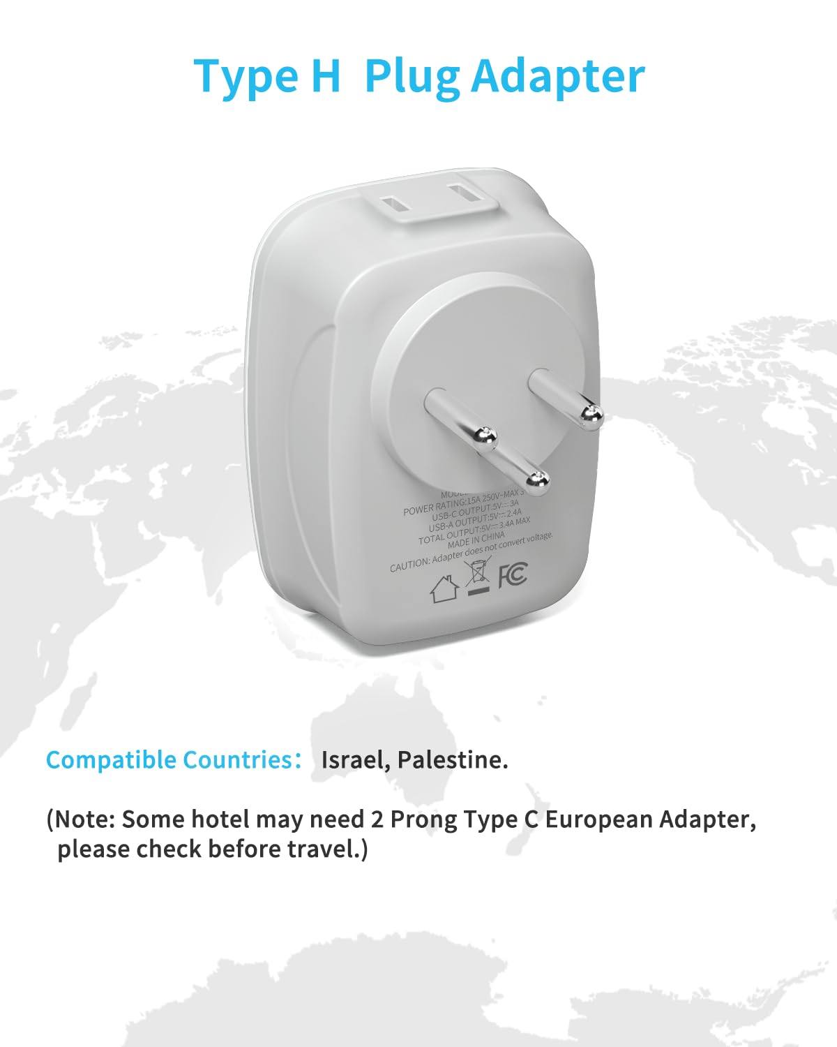 Israel Power Adapter, VINTAR Israel Plug Adapter with 1 USB C,3 USB Ports and 2 American Outlets,6 in 1 Type H Travel Adapter for US to Israel, Jerusalem, Palestine
