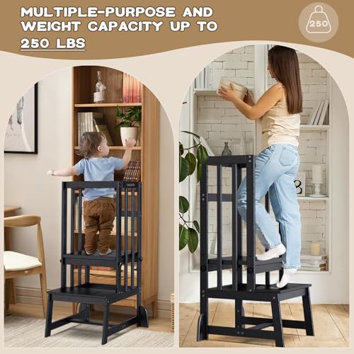 DORPU Toddler Tower, Adjustable Height Kids Kitchen Step Stool with CPC Certification, Unique Patents with Safety Rail & Anti-tip & Non-Slip Mat & Vertical Guardrail Toddler Kitchen Stool๏ผBlack๏ผ