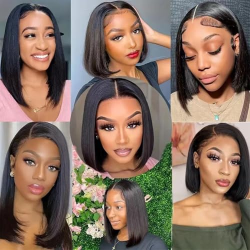 TONGMAY 8 Inch Short Bob Wig Human Hair Straight Bob Lace Front Wigs Human Hair for Women 180% Density Brazilian Virgin Human Hair Bob Wig 13x4 HD Transparent Lace Frontal Bob Wigs Natural Black