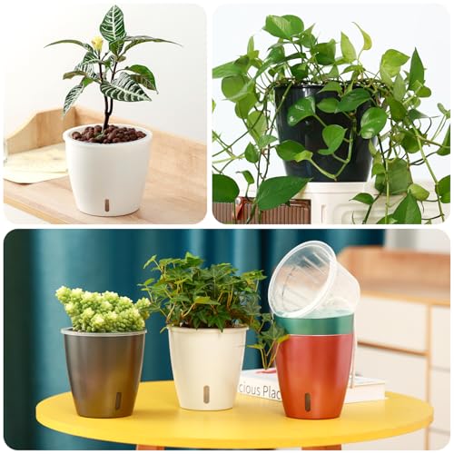 KvyusFlourish Self Watering Pots for Indoor Plants, 6-Pack 6.7'' Self Watering Planter with Drainage Holes, Small African Violet Pots with Water Indicator, Clear Wick Orchid Pot, White