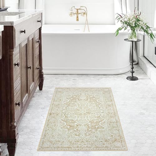 KUTA Washable Kitchen Runner 3x8, Grey Vintage Kitchen Runners Non Skid Washable 8 ft, Printed Oriental Distressed Tribal 3x8 Runner Rug Area Rug Ultra Soft Carpet Runner for Bedroom Living Room