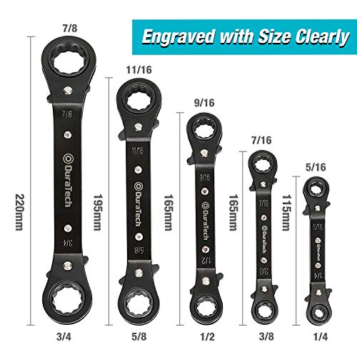 DURATECH 5 Pc Double Offset Box End Reversible Ratcheting Wrench Set Metric, Heavy-duty, Matte Chrome Plated, Ratchet Spanner Crooked for Narrow Spaces (6x8 mm, 10x12 mm, 13x14 mm, 15x17 mm, 19x21 mm)