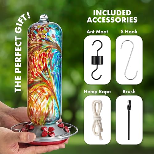 Twinkle Star Hummingbird Feeder Glass, 28fl.oz Hummingbird Feeders for Outdoors Hanging, 5 Feeding Ports & Perch Ring, Hand Blown, Hummingbirds Gifts, Garden Decor, incl.S Hook, Ant Moat, Rope (Red)
