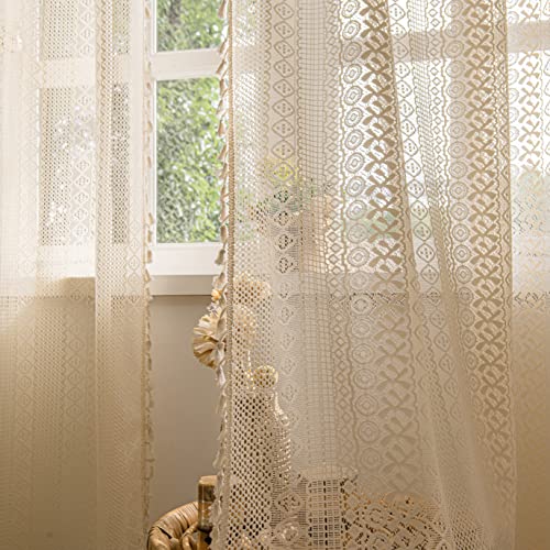 Sutuo Home White Boho Curtains 2 Panels 96 Inches Length for Bedroom Living Room Patio, Window Treatments Bohemian Sheer Knitted Crochet Lace Vintage Drapes Pair Tassels, Rod Pocket, 52" x 96"