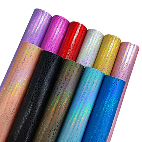 Holographic Embossed Leopard Apricot Yellow Faux Leather Sheets, 12"X53" Iridescent PU Fabric Roll for Crafts Bows Earrings Handbag Sewing Decoration
