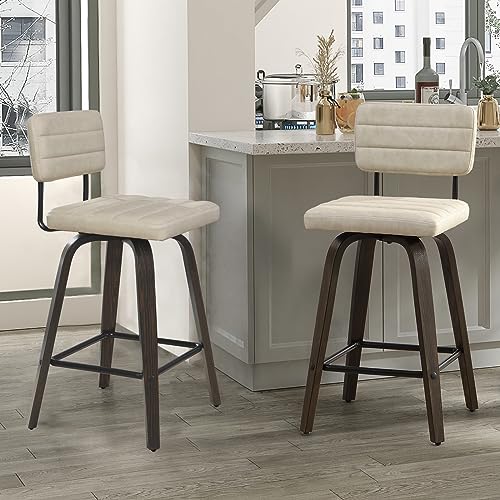 FERFALDER Swivel Bar Stools Set of 2, Counter Height, Wooden Frame, PU Leather Cushions, Beige