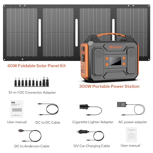 Portable Solar Generator, 300W Portable Power Station with Foldable 60W Solar Panel, 110V Pure Sine Wave, 280Wh Lithium Battery Pack with DC AC Outlet for Home Use RV Outdoor Camping Adventure