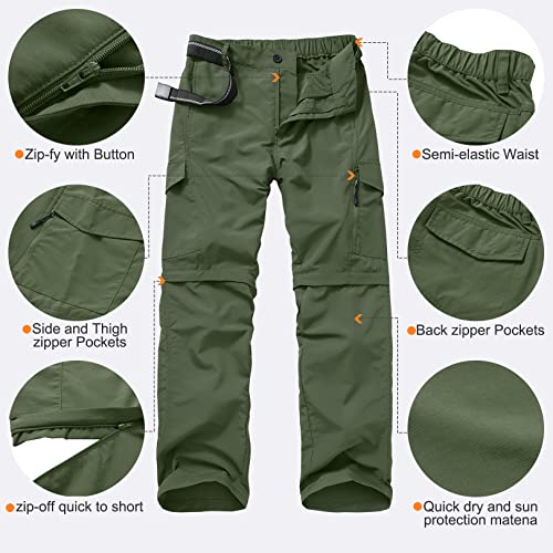 Mens Hiking Pants Convertible Quick Dry Zip Off UPF Lightweight Fishing Travel Camping Safari Pants,Army Green,30