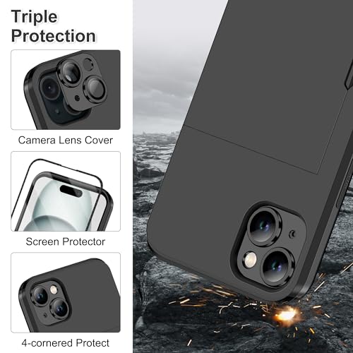 SAMONPOW 4-in-1 for iPhone 15 Case Wallet with Screen Protector & Camera Cover Full Body Hybrid 15 Case with Card Holder Shockproof Protective Phone Case for iPhone 15 for Women Men, Black