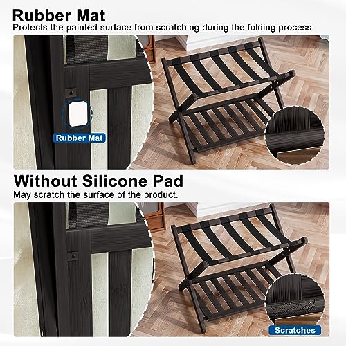 Smuxee Fully Assembled Luggage Rack for Guest Room, Upgraded Bamboo Foldable Suitcase Stand with 5 Nylon Straps, Dark Brown Luggage Holder with Shelf for Bedroom Hotel (Black Luggage Rack 1pcs)