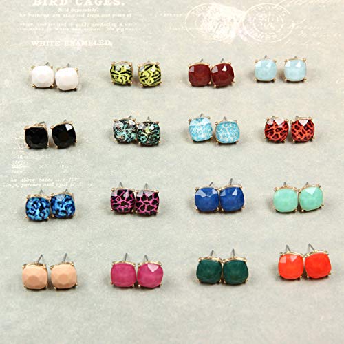Faceted Jewel Statement Stud Earrings - Lightweight Square Cushion Cut Post Ear Studs for Women (Plaid Red 2)