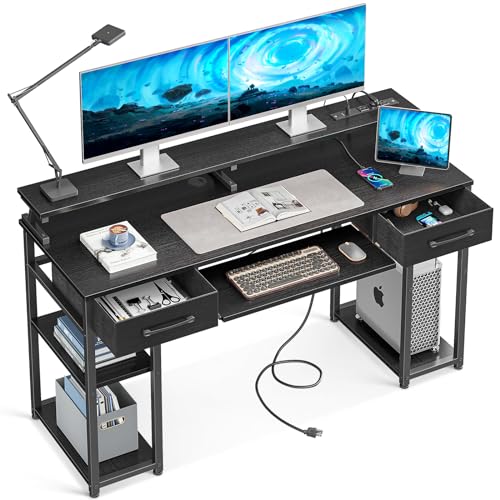 ODK Computer Desk with Drawers, 55 Inch Office Desk with Power Outlet and Keyboard Tray & Storage Shelves & PC Stand, Office Table Work Desk with Monitor Stand, Black