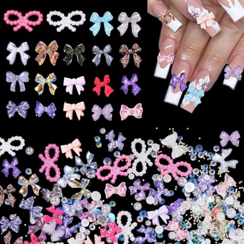 300Pcs Variety Bows Charms for Nails Colorful Pink White Bow Cute Nail Charms Mixed Resin Rhinestones Gold Silver Balls Pearls Bow Nail Gems Charms for Manicure DIY Crafts Accessories
