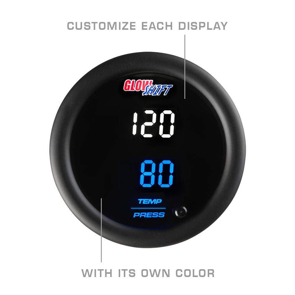 GlowShift 10 Color Digital Dual Temperature & Pressure Gauge Kit - for Boost, Oil Pressure, Water & Transmission Temp - Includes Electronic Sensors - 2 Multi-Color LED Displays - Tinted Lens - 52mm