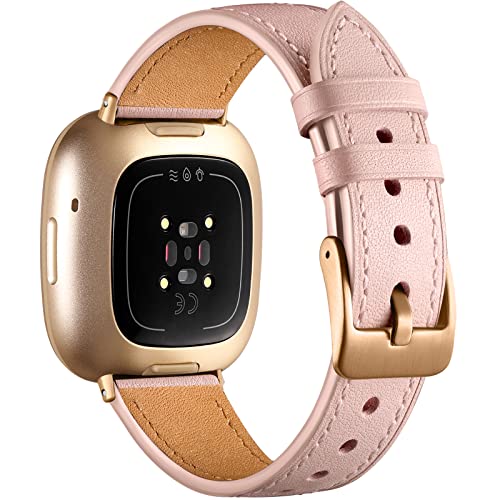 Maledan Compatible with Fitbit Sense/Fitbit Versa 3 Bands for Women Men, Soft Genuine Leather Band Slim Strap Replacement Accessory Wristband for Fitbit Versa 3/Versa 4/Sense 2/Sense SmartWatch, Pink