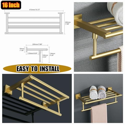 Alise Towel Rack,Towel Holder Towel Hanger with Towel Bar for Bathroom Lavatory,Wall Mount SUS 304 Stainless Steel Towel Shelf,GKL100-G Brushed Gold 16-Inch