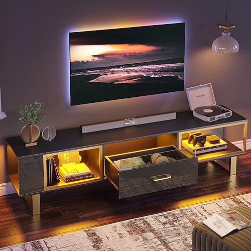 Bestier TV Stand for 65/70/75/80 Inch TV, LED Gaming Entertainment Center with Open Storage and Half-Glass Design Drawer, Modern High Gloss TV Console Table for Living Room, Black and Gold