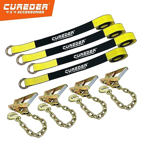 cureder Cureder Car Tie Down Straps for Trailers with Heavy Duty Chain Anchors (4 PK) - 2 Inch x 10 Feet - 3,300 lbs Safe Working Load, Wheel Straps for Hauling Cars,Tire Straps for a Car Trailer