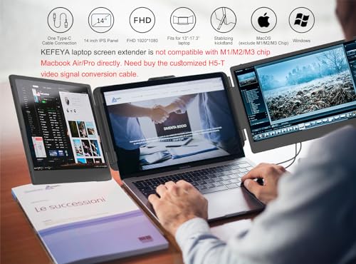 KEFEYA Laptop Screen Extender, 14" Portable Monitor for Laptop, 1080P FHD Triple Screen Laptop Monitor Extender for 13"-17.3" Laptop, HDMI/USB-C for MacBook, Windows, Chrome, Switch, Plug & Play