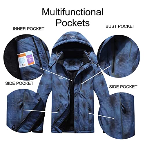 Pooluly Men's Ski Jacket Warm Winter Waterproof Windbreaker Hooded Raincoat Snowboarding Jackets Blue Camo-S