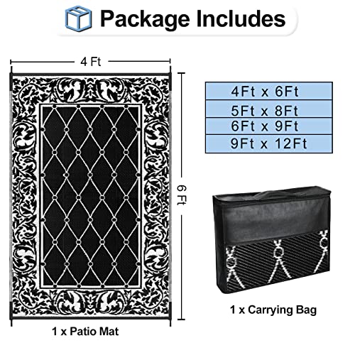 OutdoorLines Indoor Outdoor Rugs for Patio 5 Feet - Reversible Outside Carpet, Stain & UV Resistant Portable RV Mats, Plastic Straw Rug for Camping, Pool Deck, Porch Diamond/Black & White