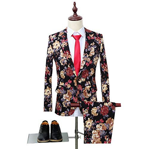 Mens 2 Piece Suit Notched Lapel Floral 1 Button Slim Fit Prom Tweed Suit (K1, X-Small)