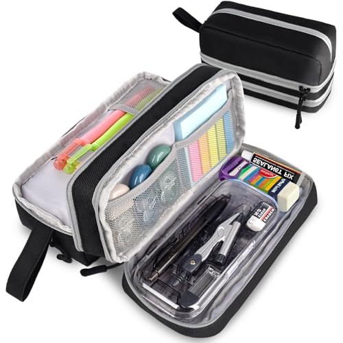 Genteen Large Capacity Pencil Case,Multifunction Pencil Pouch,Pencil Bags with Zipper 3 Compartments Pencil case organizer for Office Adult(Black)