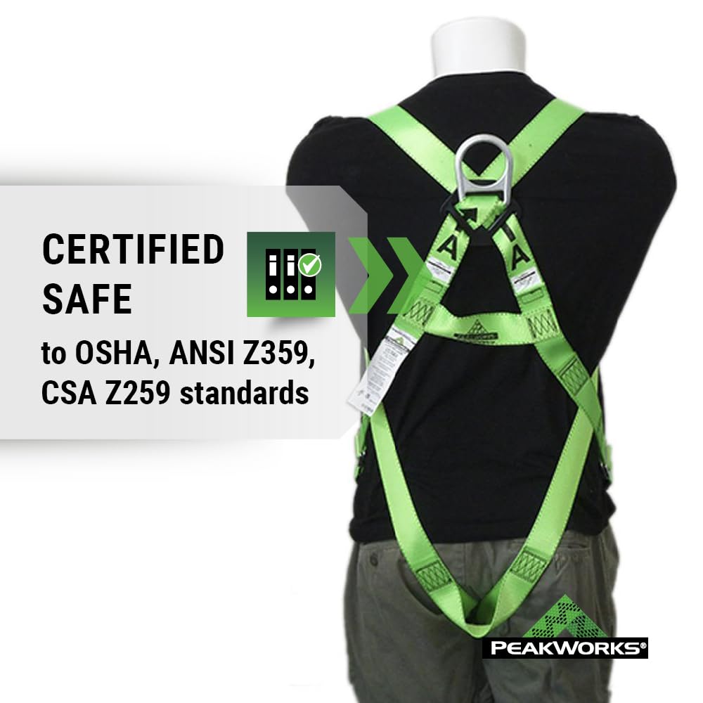 PeakWorks Safety Harness Fall Protection – Full Body, ANSI OSHA Compliant, Adjustable, Hi Vis, 3 Point System with Fall Indicator, D Ring - Green