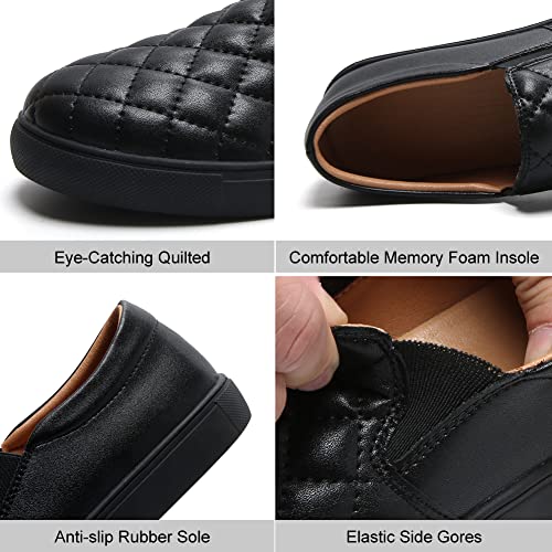 Womens Loafers Slip On Shoes Quilted Leather Comfort Memory Foam Non Slip Work Shoes Soft Casual Driving Flat Sneaker Ladies All Black US 6.5