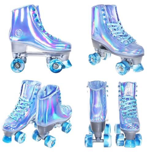 JajaHoho Roller Skates for Women, Holographic High Top Faux Leather Rollerskates, Shiny Double-Row Four Colour Frozen Wheels Quad Skates for Girls and Age 8-51 Indoor Outdoor (Very Peri Blue, Size 3)
