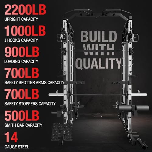 Mikolo Smith Machine, 2200lbs Multi-Function Power Cage Squat Rack with Cable Crossover System and Leg Hold-Down Attachment, Power Rack with 230lbs Olympic Weight Plates Sets, Black