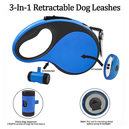 Huhaneon Retractable Dog Leash with Waste Bag Dispenser and Flashlight, 16ft Dog Leash for Small Medium Dogs up to 66lbs, One Button Break & Lock,360°Tangle Free, Soft Anti Slip Grip,Blue