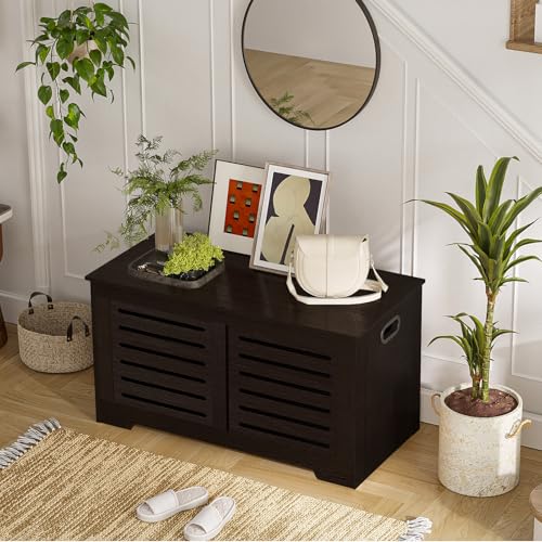 DINZI LVJ Storage Chest, Flip-Top Wooden Toy Box with 2 Safety Hinges, Entryway Shoe Storage Bench, Sturdy Large Storage Trunk for Living Room, Bedroom, Easy Assembly, Espresso