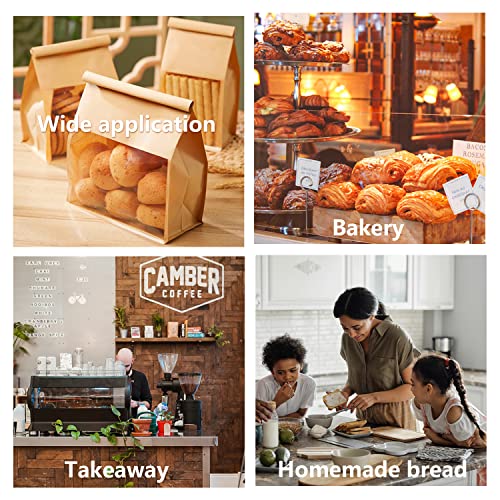 GOULIKFUL Heavy Duty 50PCS Kraft Paper Bread Bags with Tin Tie Tab Lock, Loaf Bag with Clear Front Window, Storage Packaging Treat Bag for Bakery Cafe Homemade Bread 10.2”× 5.1”× 6.3”