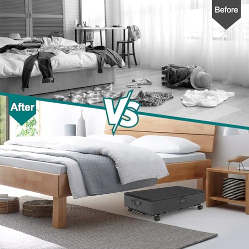 3rd Generation Under Bed Storage with Wheels 2-in-1 Underbed Storage Bins Containers Label Shoe Storage Organizer Drawer Bag Clear Window Solid Fabric for Bedroom Clothes Shoe Blanket (two-grey)