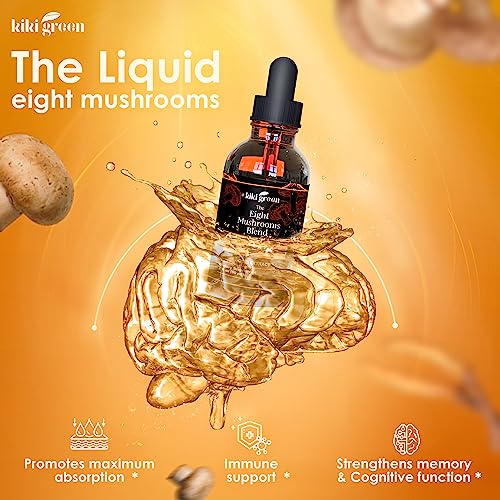 KIKI Green Liquid Mushroom Extract Drops - 8 Mushrooms Complex for Cognitive Support and Immunity Boost - Lions Mane Supplement, Cordyceps, Chaga, Reishi, Shiitake, Turkey Tail, Maitake, Red Reishi