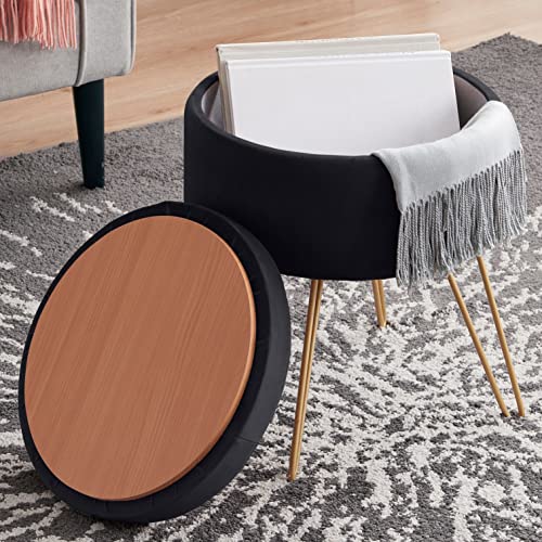 Ornavo Home Modern Round Velvet Storage Ottoman Foot Rest Stool/Seat with Gold Metal Legs & Tray Top Coffee Table - Black