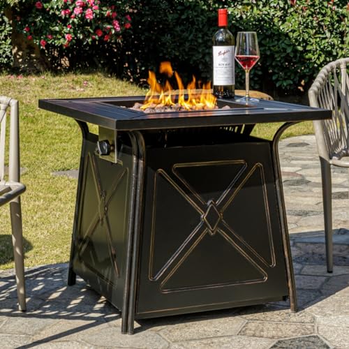 OutVue 28 inch Wicker Propane Fire Pit Table,Gas Fire Pits Table for Outside,50000 BTU Propane Fire Pit with Lid &Lava Rocks,Gas Firepit for Garden,Yard (Brown Rattan)