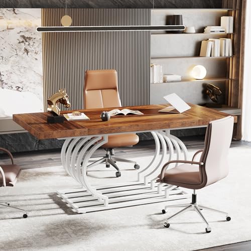 Tribesigns 63" Modern Office Desk, White and Gold Executive Desk, Large Computer Desk Home Office Desk with Gold Metal Frame, Wood Workstation Study Writing Desk