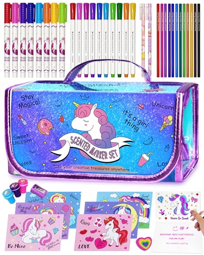 weirtoya Washable Fruit Scented Markers Set with Unicorn Pencil Case Stationery Set Valentine's Day Gifts Unicorn Toys Birthday Gifts for Girls 4-9 Years Valentine Craft Magical Unicorn