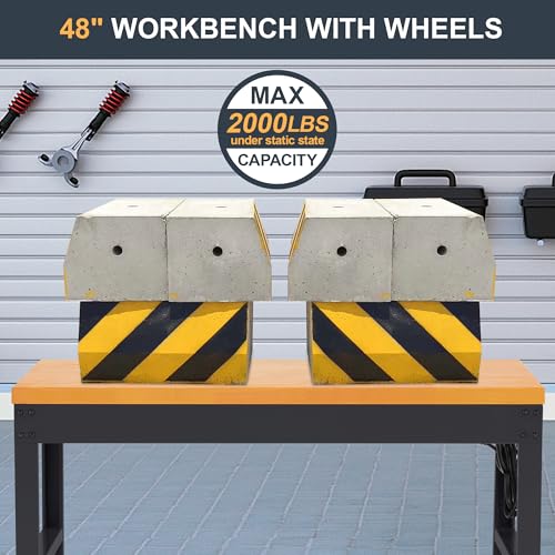 HABUTWAY Height Adjustable Workbench with Wheels 48" x 24" 2000 Lbs Capacity Solid Wood Work Station Heavy-Duty Rolling Work Tables for Garage Party Shop Office