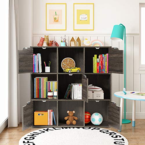 Giantex 9-Cube Storage Organizer, Storage Cabinet with 4 Open Cubes and 5 Cabinets, Freestanding Wooden Cubby Bookcase, Compartment Units for Home Office, 3-Tier Bookshelf for Books