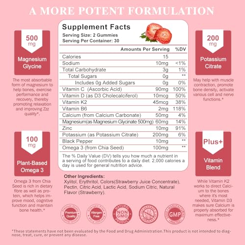 Magnesium Potassium Supplement Gummies - New Formula Calm Magnesium Glycinate Gummies 500 mg & Potassium Citrate 200 mg Plus Omega 3, B6, D3, K2 & Calcium for Zzz, Leg Cramps & Muscle - 120 Gummies