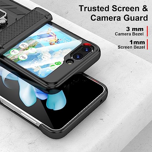 Galaxy Z Flip 5 Case with Hinge Protection Back Screen Protector Shockproof Z Flip 5 Case Ring Kickstand for Samsung Flip Z 5G Case - Black