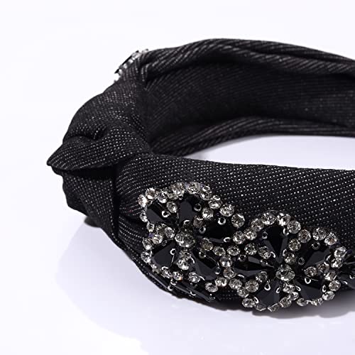 GLBCC Flower Knot Headband Rhinestone Crystal Flower Knotted Hairband Headpiece Wide Vintage Head Band for Women Spring Summer Hairpiece Hair Accessories Gift (black flower hairband)