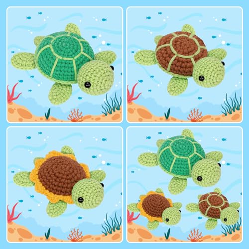 Mewaii Crochet Kit for Beginners, Crochet Animal Kit with Step-by-Step Video Tutorial, Learn to Crochet Starter Kit with 40%+ Tape Yarn, DIY Crochet Gifts for Kids Adults (Three Pack Turtles)
