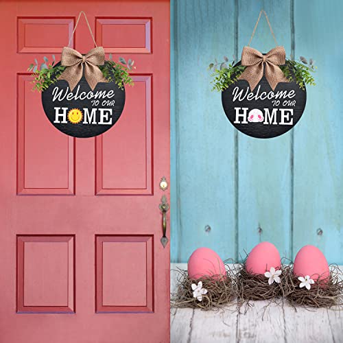 Interchangeable Welcome Home Sign, Seasonal Front Porch Door Decor With 21 Changeable Seasonal Icons for Halloween/Christmas/Independence Day, Rustic Wood Wreaths for Housewarming Gift (12") (Black)